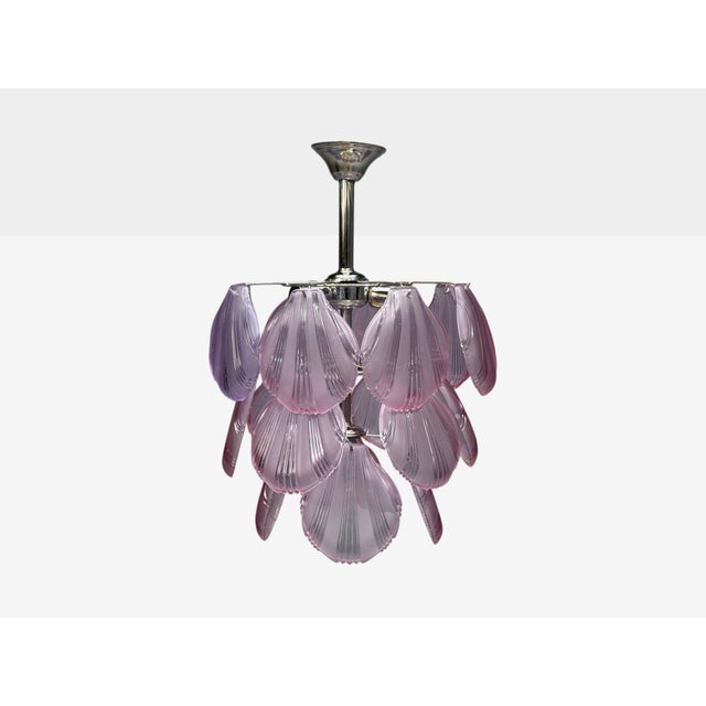 Mid-Century Modern, Small Pendant Light or Chandelier, Purple or Lavender Shell Motif Murano Glass, Chrome, USA, 1960s A...