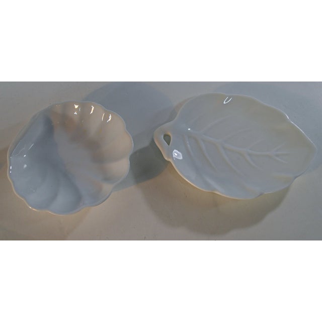 Vintage set of 2 small Lillian Vernon white ceramic trinket dishes - shell shape and leaf.