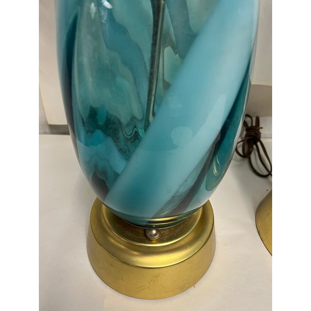 1970s Mid-Century Modern Murano Blue Swirl Glass Lamps - a Pair For Sale - Image 4 of 5