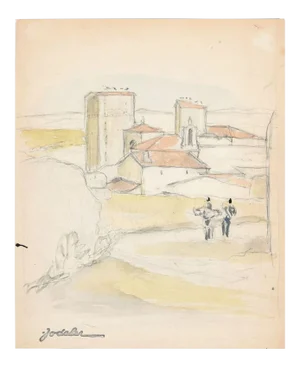Landscape - Original Pencil and Watercolor by E.C. Jodelet - Mid 20th Century Mid 20th Century