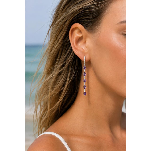 Amethyst Huggie Drop Earrings, Silver, Gold, Pair For Sale - Image 9 of 9