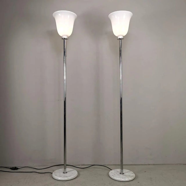 Vintage Chromed-Plated Floor Lamps with Marble Bases and White Glass Diffusers in the style of Venini, 1970s, Set of 2, in...