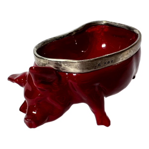 1922 Vintage Art Deco Royal Doulton Flambe Rouge Red Pig With Sterling Silver Rim