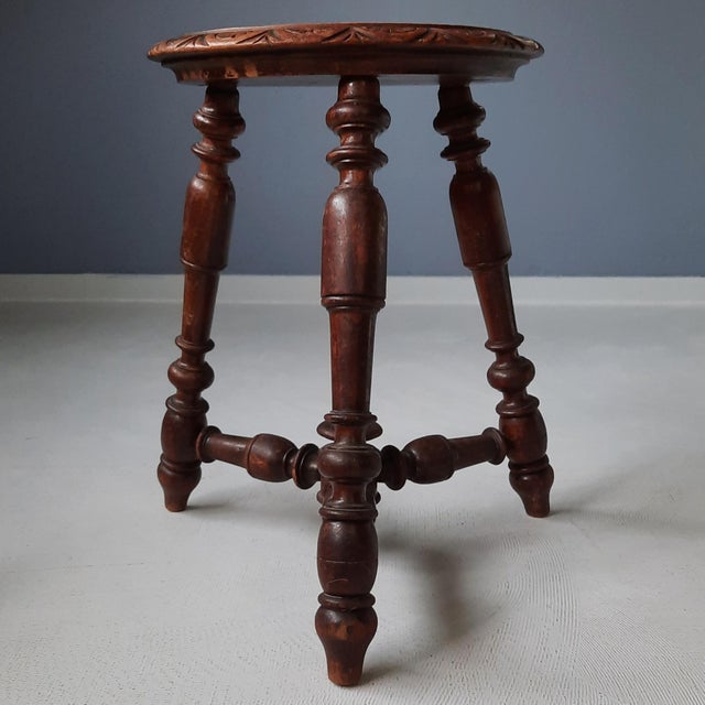 Antique Wooden Stool with Carved Seat, 1900s For Sale - Image 6 of 7