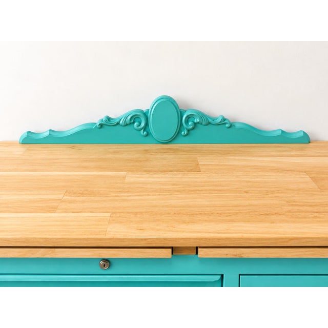 Vintage Industrial Rolling Kitchen Island / Butcher Block Cart – Teal For Sale - Image 4 of 5
