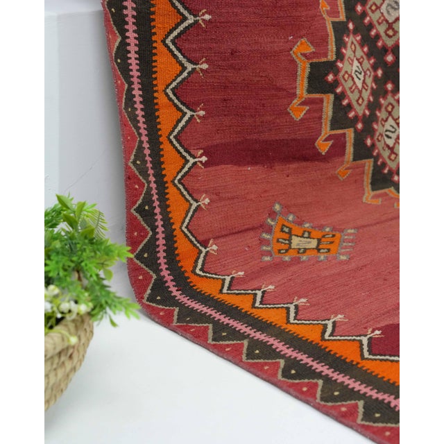 Red 1970s Vintage Turkish Handmade Wool Cotton Red Runner Rug For Sale - Image 8 of 11
