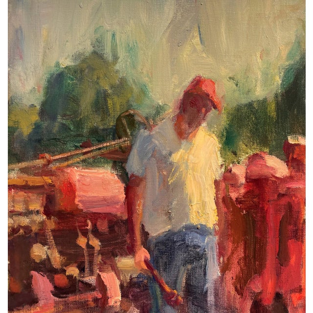 Farmalls Field by Ken Valastro | Oil Painting of red tractors in a field with a farmer For Sale - Image 4 of 4