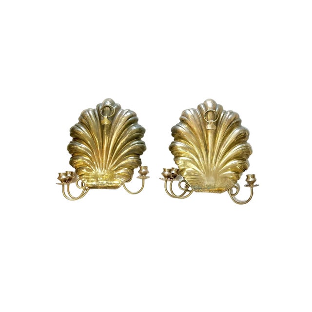 Pair Vintage Hollywood Regency Large Size Grotto Style Brass Shell Three Light Wall Sconces For Sale - Image 10 of 11