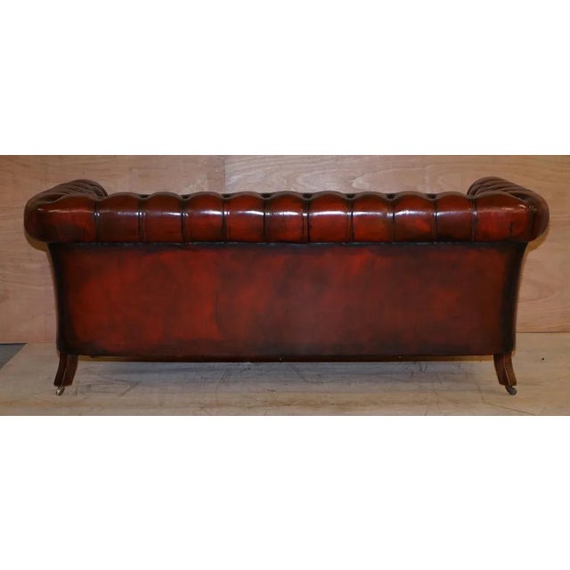 Vintage Oxblood Bordeaux Leather Chesterfield Club Sofa on Turned Legs For Sale - Image 15 of 18