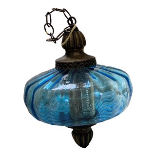 Vintage Mid-Century Blue Glass Hanging Swag Lamp For Sale