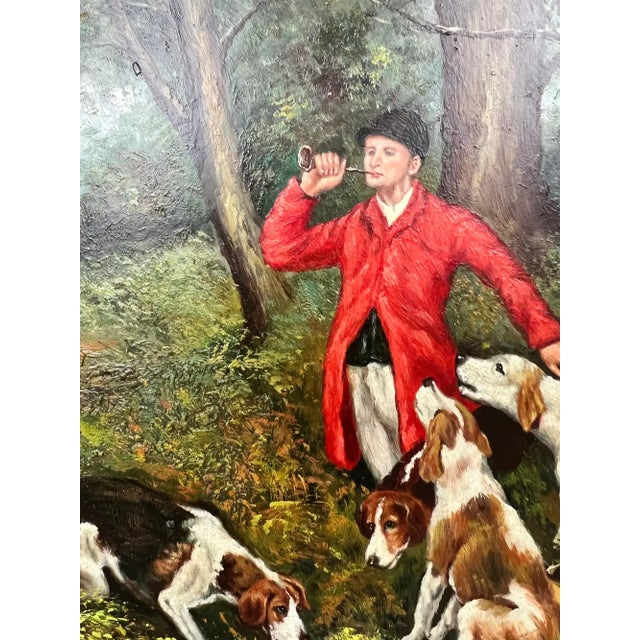 1980s English Sporting Style Oil Painting, Huntsman & Hounds, Ornate Gilt Frame 1980's For Sale - Image 5 of 14