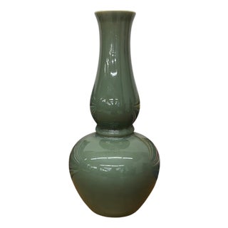 Green Glazed Ceramic Vase with Bold Long-Necked Silhouette For Sale