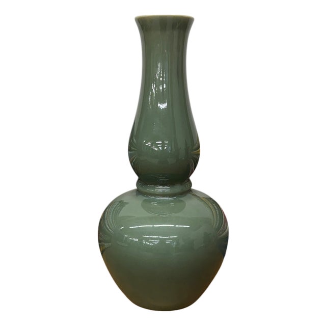 Green Glazed Ceramic Vase with Bold Long-Necked Silhouette For Sale