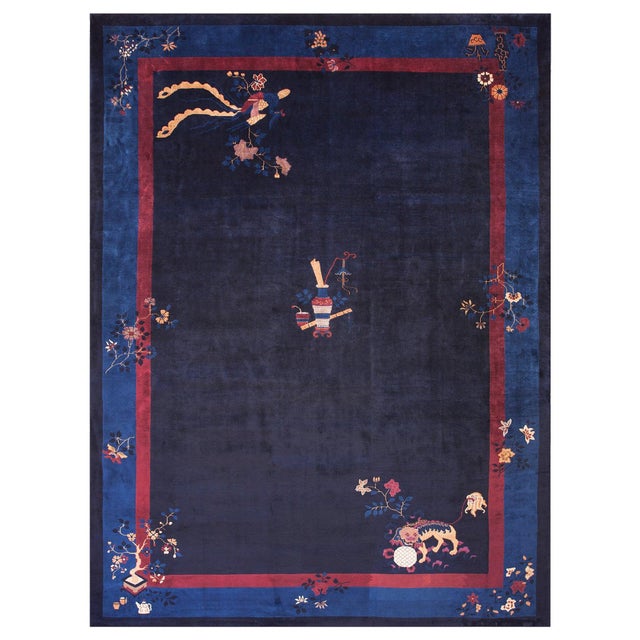 Navy Blue 1930s Dark Blue Floral Antique Peking Rug 11' X 15' Handknotted Wool Carpet For Sale - Image 8 of 10