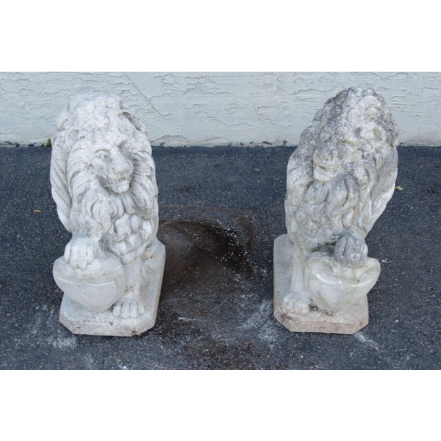 High Quality Vintage Pair of Cast Stone Garden Lions with Shields
