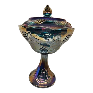 Vintage Indiana Blue Carnival Glass Harvest Grape Iridescent Covered Pedestal Compote or Candy Dish