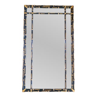 Mid-Century Faux Bamboo Chinoiserie Black and Gold Carved Wood Mirror For Sale