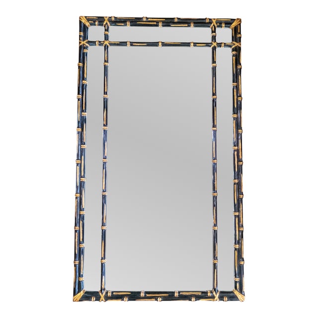 Mid-Century Faux Bamboo Chinoiserie Black and Gold Carved Wood Mirror For Sale