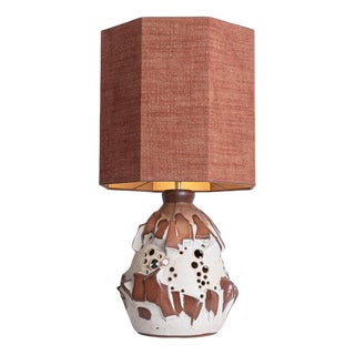 Large Octagonal White Brique Ceramic Floor Table Lamp with Lampshade attributed to R. Houben, 1970s For Sale