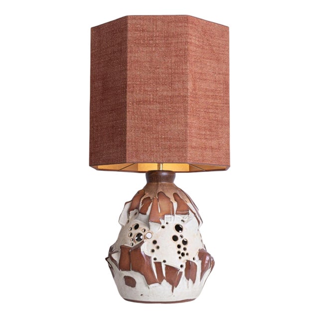 Large Octagonal White Brique Ceramic Floor Table Lamp with Lampshade attributed to R. Houben, 1970s For Sale