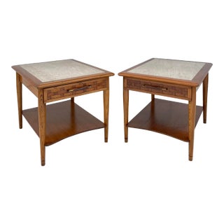 Pair of Lane Perception Weave Design and Travertine Side Table Nightstands For Sale