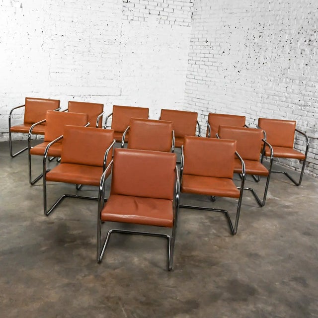 Late 20th to Early 21st Century Thonet Bauhaus Brno Style Chairs Chrome & Cognac Leather Cantilever Set of 12 For Sale - Image 9 of 13