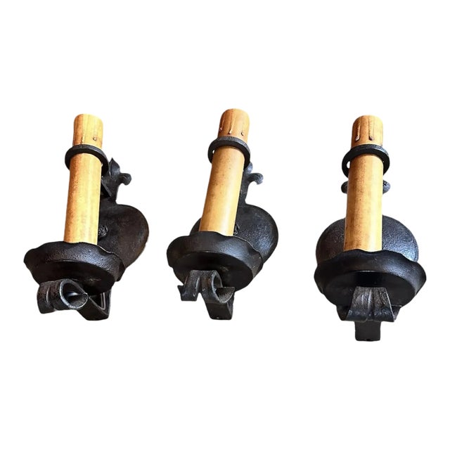 Set of 3 Forged Iron Single Candle Sconces in Original Paint Circa 1920 For Sale