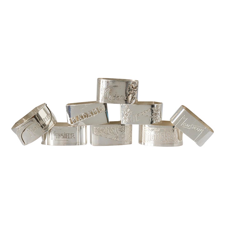 1950s French Madam & Monsieur Silver-Plate Napkin Rings, Set of Eight