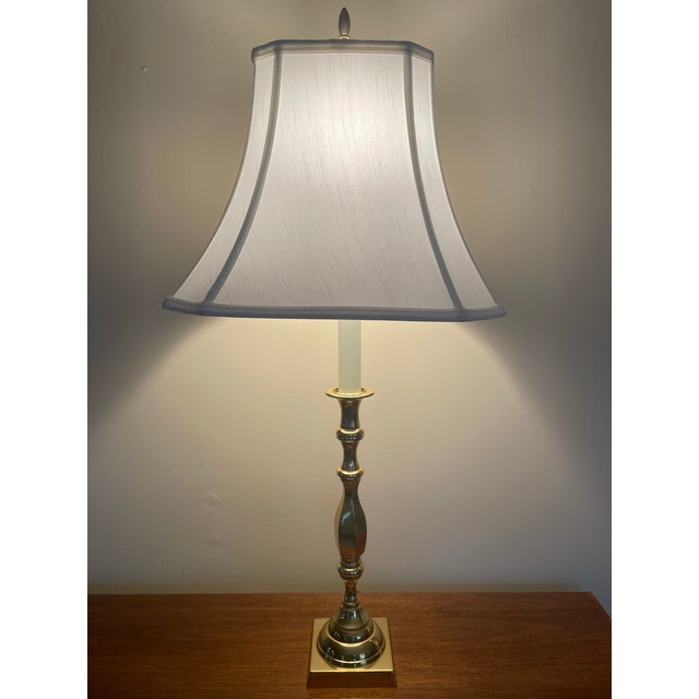 Late 20th Century Baldwin Brass Colonial Style Candlestick Lamp and Shade For Sale - Image 12 of 12