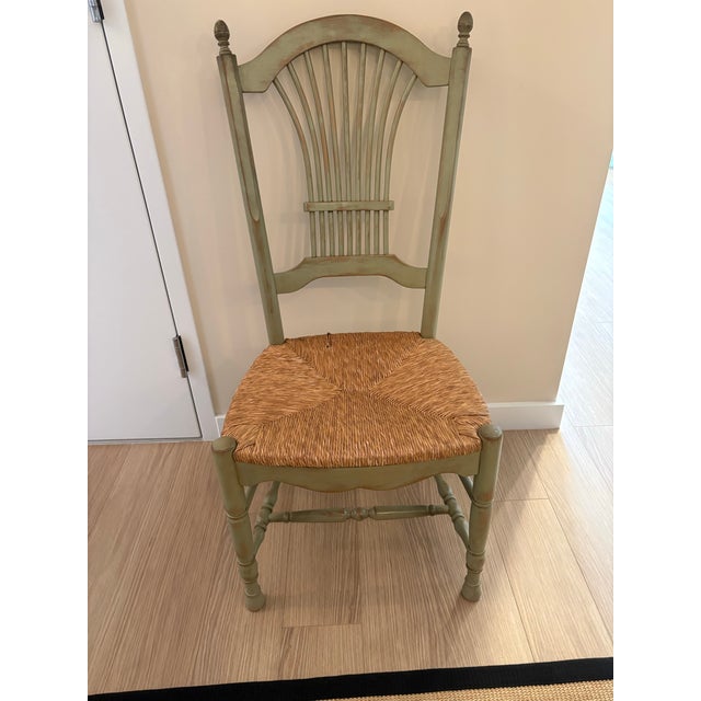 French Vintage Reproduction Hand Finished Waxed Wood Dining Table With 4 Sheaf Back Rush-Seat Chairs For Sale - Image 10 of 12