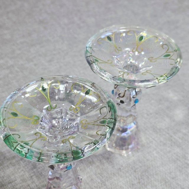 Pair of Antique Bohemian Art Nouveau Iridescent Glass Candlesticks With Gold Enamel Scrollwork For Sale - Image 9 of 12