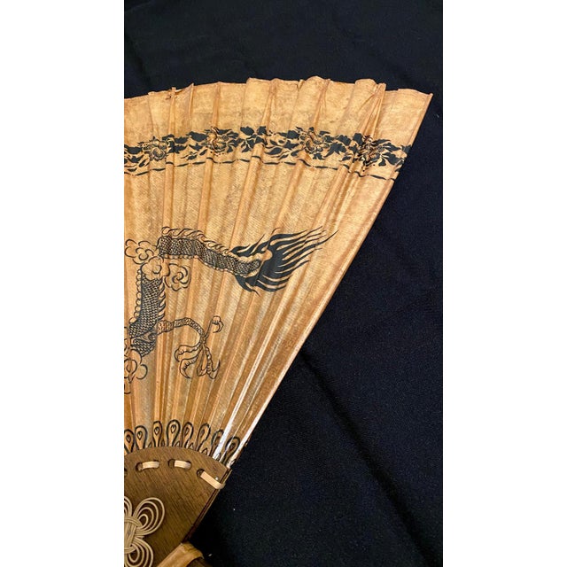Vanilla Large Pair Vintage Chinese Dragon Wall Fans 37"l X 23"h - Set of 2 Hand Painted Bamboo Fan | Oriental Decor For Sale - Image 8 of 17