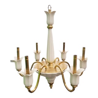 Vintage Porcelain Solid Brass 6 Light Ceramic Off White Tulips Traditional Chandelier by Lenox For Sale