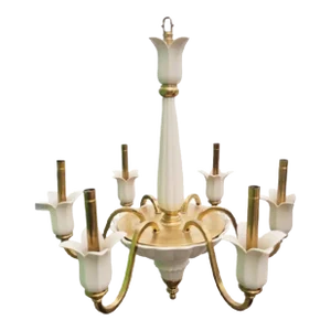 Vintage Porcelain Solid Brass 6 Light Ceramic Off White Tulips Traditional Chandelier by Lenox