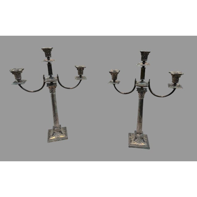Antique Silverplate Candelabra Pair 3 Light Corinthian Column 22” Tall Ornate For Sale - Image 9 of 10