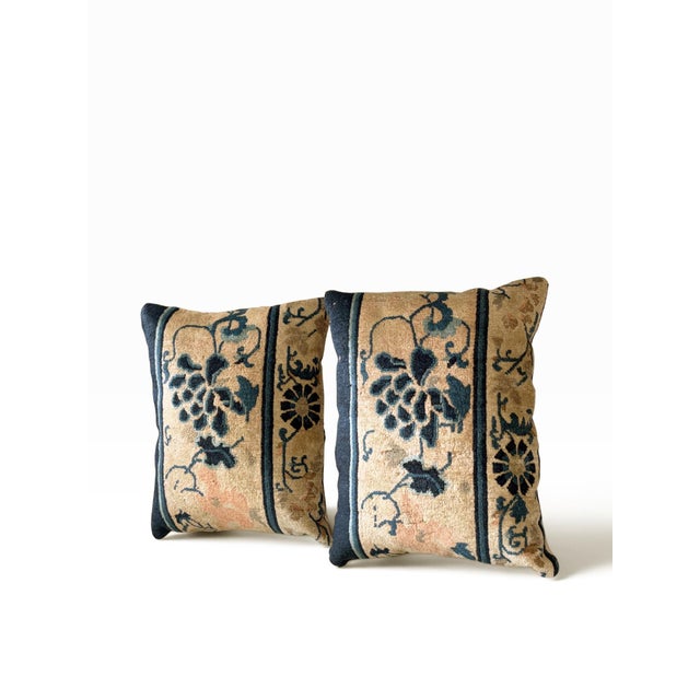 Custom Made Set of Two Pillows W/Antique Chinese Rug Fragment 19.5" W For Sale - Image 9 of 10