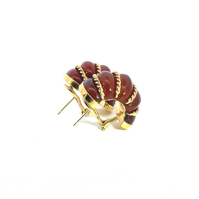 Late 20th Century Late 20th Century Pair of Seaman Schepps 18k Yellow Gold Carved Translucent Amber Shrimp Earclips For Sale - Image 5 of 9