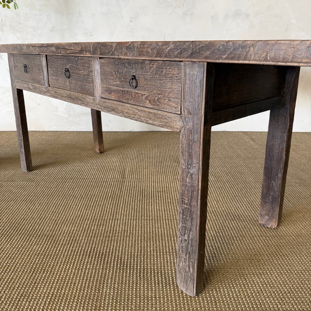 Antique Elm Wood Console With Painted Finish 3 Drawers 82" For Sale - Image 4 of 11