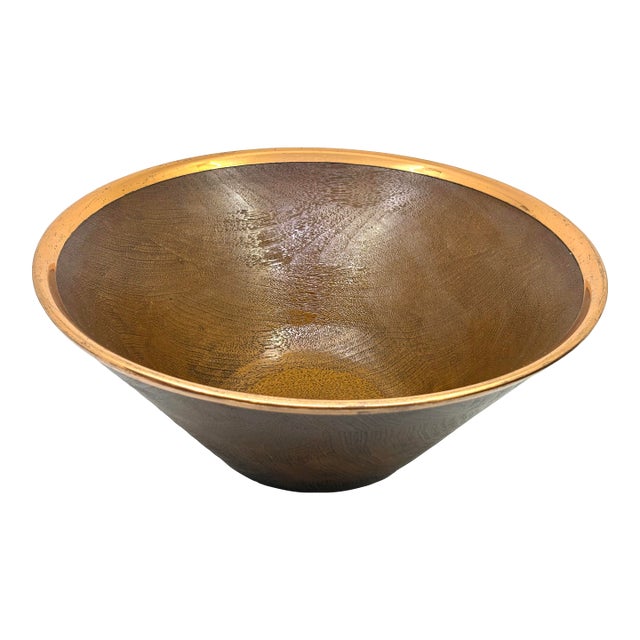 Vintage 1970's Copper Trim Wooden Salad Serving Bowl For Sale