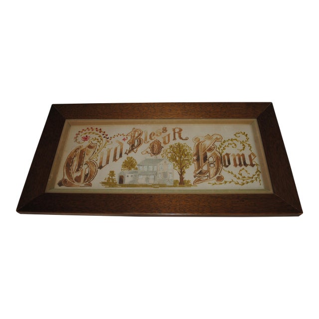 1930's God Bless Our Home Framed Cross Stitch on Perforated Paper For Sale