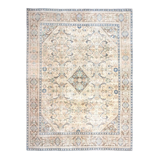 1970s Vintage Persian Handmade Wool Cotton Light Beige Area Rug For Sale