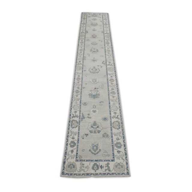 Early 21st Century Green & Blue Floral Design Handwoven Wool Turkish Oushak Runner 2'11" X 15'9" For Sale In Houston - Image 6 of 8