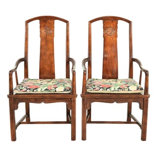 Henredon Hollywood Regency Chinoiserie Sculpted Mahogany Armchairs, Pair For Sale