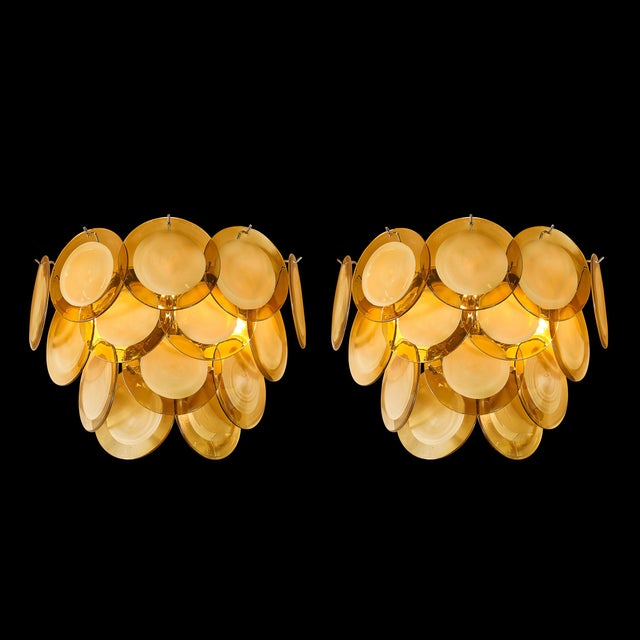 Yellow Pair of Modernist 14-Disc Sconces in Hand-Blown Murano Topaz Glass For Sale - Image 8 of 15