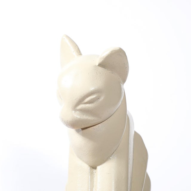 Art Deco Cubist Cat Sculpture in Cream Enamel on Brown Rectilinear Base For Sale - Image 9 of 14