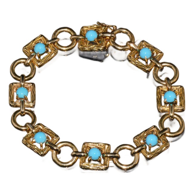 Vintage Mid-Century Solid 18k Gold & Natural Persian Turquoise Bracelet For Sale