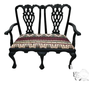 Vintage Carved Chippendale Style Bench in a Black Finish