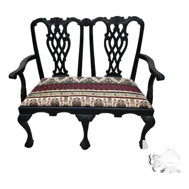 Vintage Chippendale Style Bench Settee Carved Fretwork Black Two Seater Chair For Sale