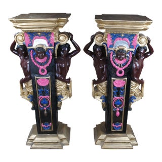 Set of 2 Vintage Venetian Figural Polychrome Bronze Sculpture Pedestals Plant Stands For Sale