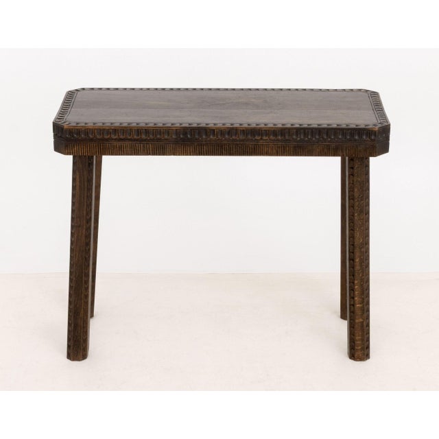 Arts and Crafts Style Hand-Carved Oak Console Table, rectangular top with canted corners on four legs. 24.5" H x 31.25" W...